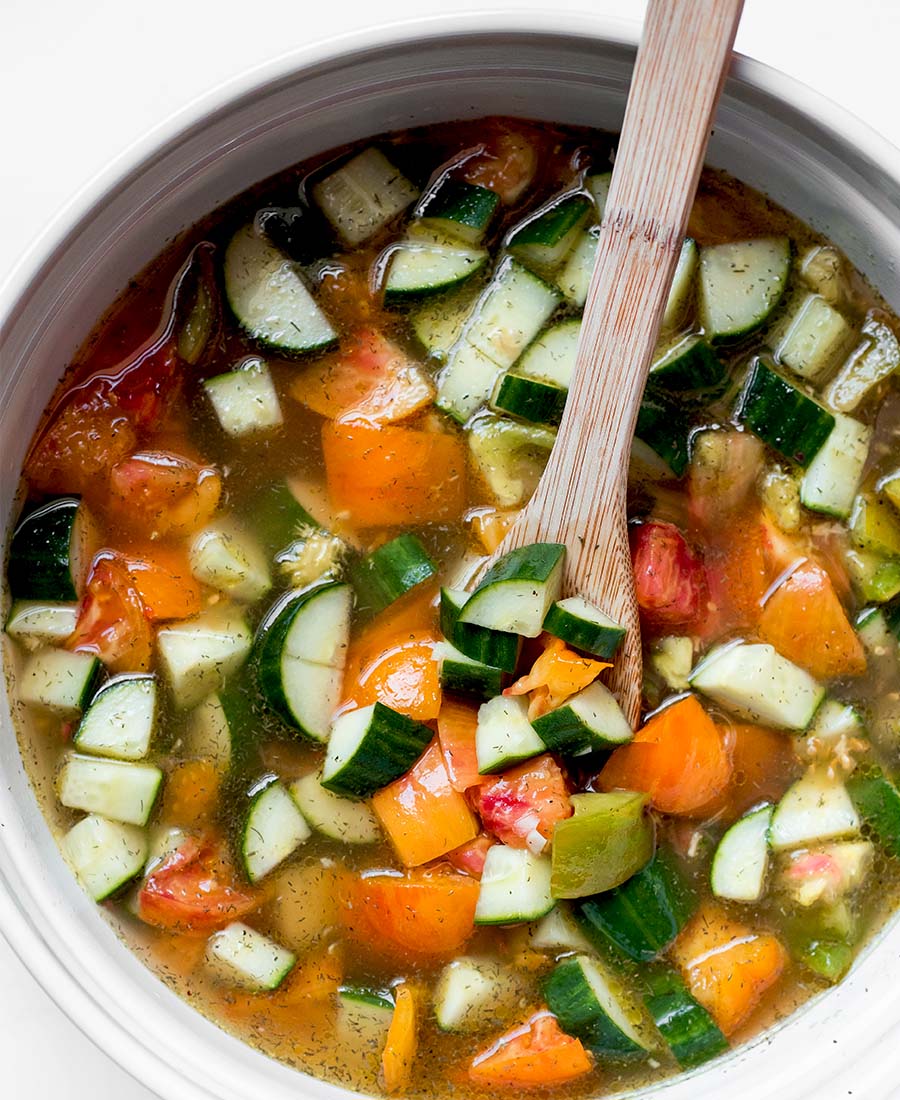 This quick & easy recipe is made with wholesome ingredients, like cucumbers, heirloom tomatoes, and distilled white vinegar, along with flavorful spices, like dill and garlic, that deliver a healthy dish that's fresh and delicious. It can be a tasty side dish served alongside lightly seasoned fish, chicken, and beans or can also be enjoyed as the main meal.